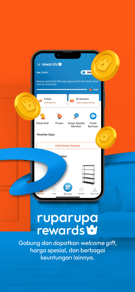 The ruparupa app rewards interface showing loyalty coins and member vouchers