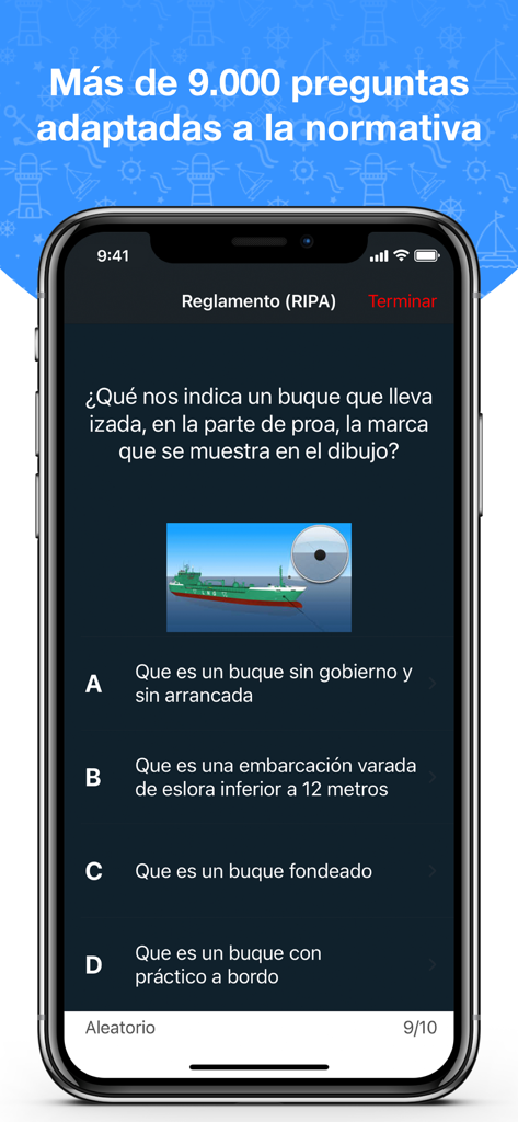 Aplicación móvil Test Patron mostrando una pregunta de examen náutico con una ilustración de un barco y opciones múltiples