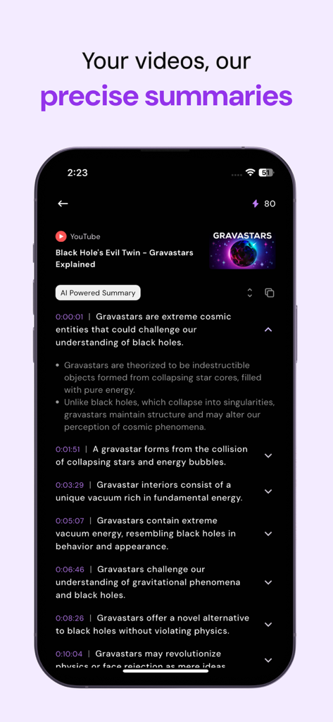 Merlin AI: AI Chat Assistant - A smartphone interface of the Merlin AI app showing an AI-powered summary of a YouTube video with timestamps and bullet points.