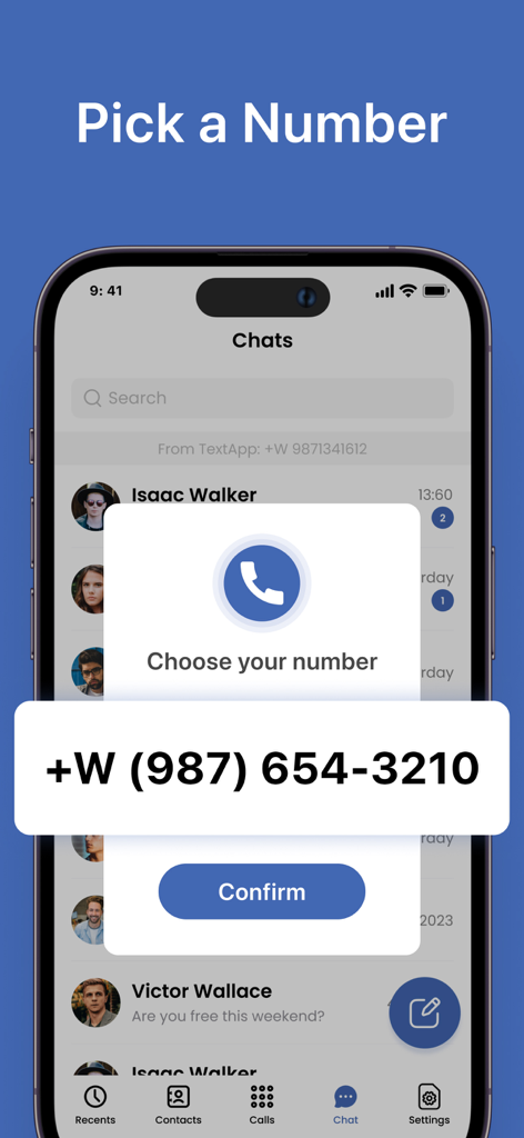 Text App: Calling+Texting Now - Interface of the Text App showing a user picking a virtual phone number for calling and texting.