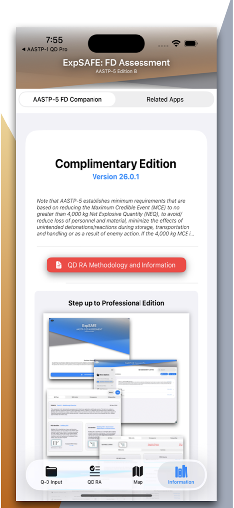 AASTP-5: FD Companion - Information screen of the AASTP-5 FD Companion app showing version details and methodology resources.