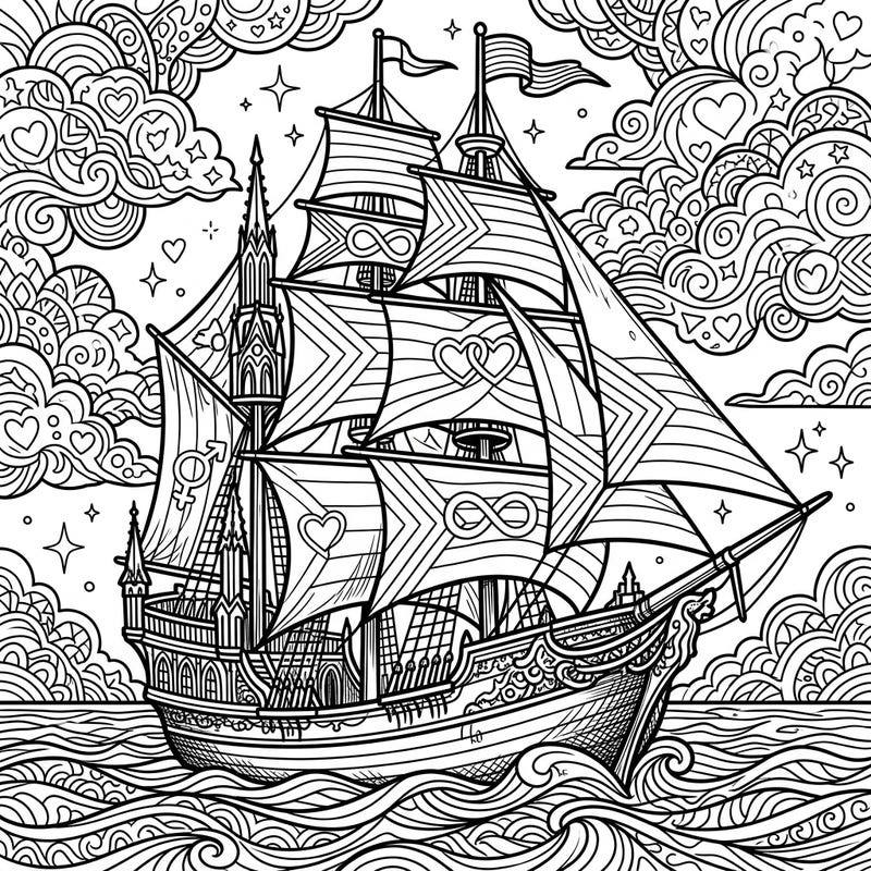 Set sail on a unique artistic voyage with this intricate Gothic Pride Sailboat coloring page. Featuring elaborate details, celebratory symbols, and a touch of mysterious elegance, it offers a truly captivating coloring experience.