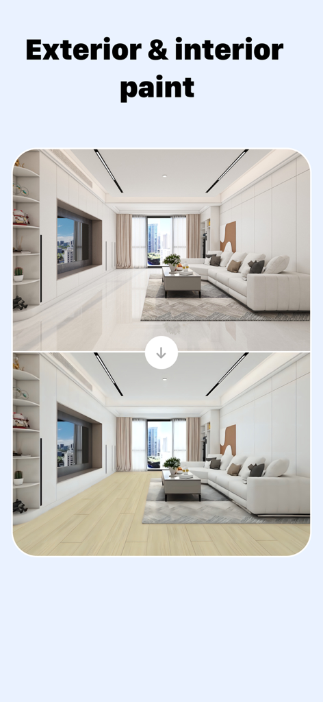 AI Kitchen Design - KitAI - AIインテリアデザインを使用して、リビングルームの床が白いタイルから明るい木材に変わった、変更前と変更後の比較