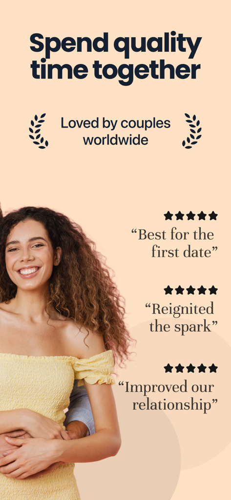 Valentines Day Games for Two - A smiling woman hugged by her partner next to positive five-star user reviews for the Lume app.