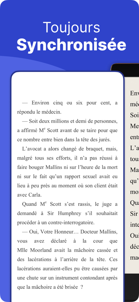 Vivlio - Vivlio 모바일 앱이 동기화 텍스트가 있는 디지털 책 페이지를 보여줌