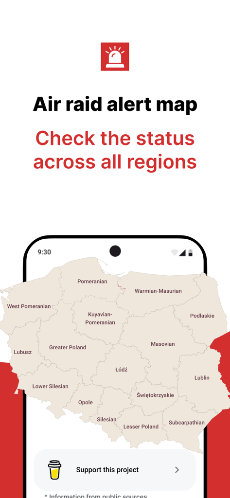 AlertyPL: Alarm Powietrzny - Smartphone screen displaying the AlertyPL air raid alert map showing status across all regions of Poland