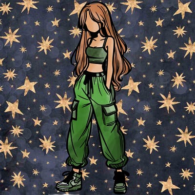 girl in baggy pants crop top and long hair