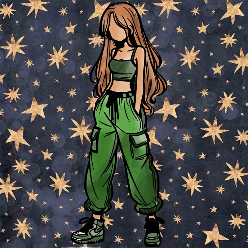 girl in baggy pants crop top and long hair