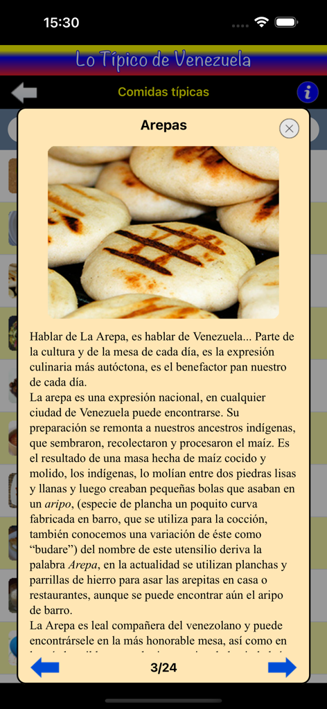 Lo Típico de Venezuela - A screen from the Lo Tipico de Venezuela app showing an image of grilled arepas and a descriptive text about their cultural history.
