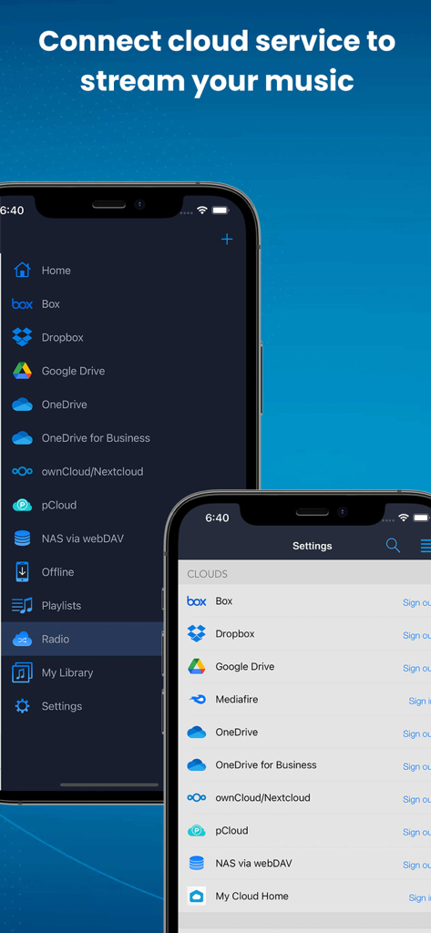 Interfaz de la aplicación CloudBeats mostrando opciones para conectar servicios en la nube como Google Drive y Dropbox para streaming de música