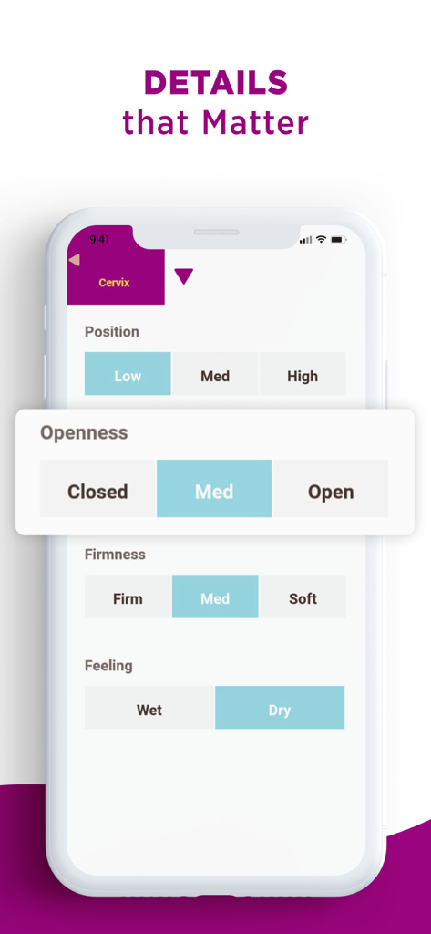 Interfaz de la aplicación MyDays X Pro que muestra el seguimiento detallado del cuello uterino para posición, apertura, firmeza y sensación