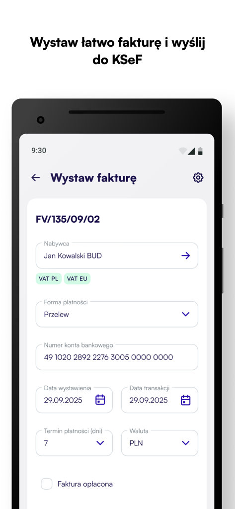 Scanye 2.0 - User interface of the Scanye 2.0 app for creating a new invoice with fields for buyer and payment information