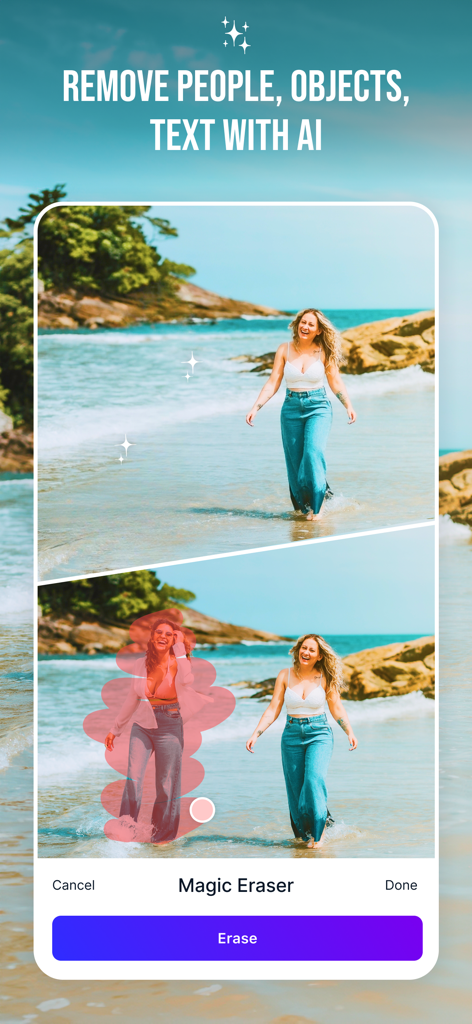 Magic Studio - AI Photo Editor - Interfaccia dell'app Magic Studio che mostra lo strumento AI magic eraser che rimuove una persona da una foto di spiaggia