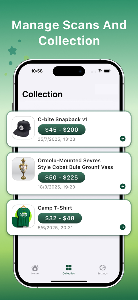ThriftValue AI: Scan & Profit - A mobile app screen showing a list of scanned thrift items in a collection with estimated resale price ranges for a hat, vase, and t-shirt.