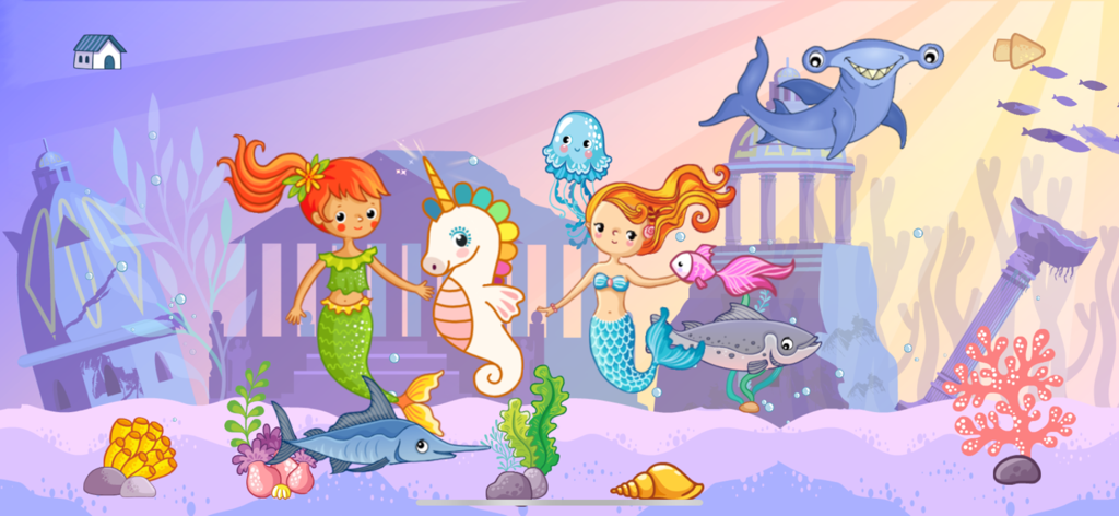 FISH sea animal puzzle games - Colorful underwater scene with mermaids and friendly sea creatures in a magical sunken city for kids.