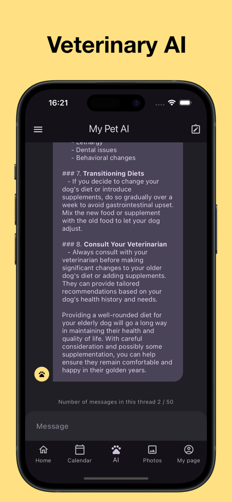 My Pet App for Health Tracking - 개의 건강에 대한 조언을 제공하는 수의학 AI 채팅 인터페이스를 보여주는 모바일 화면