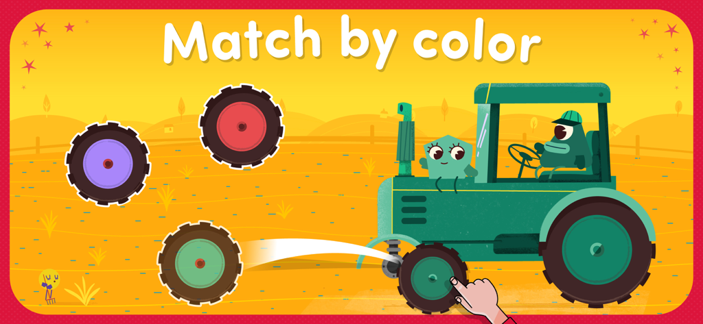 A color matching educational game screen for toddlers featuring a green tractor and various colored wheels