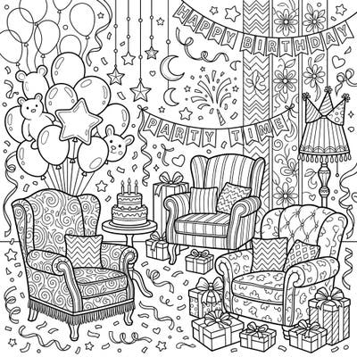 Dive into a wonderfully detailed birthday scene designed just for teens! This coloring page features elegant armchairs surrounded by festive balloons, presents, and a delicious cake, perfect for a relaxing creative session.