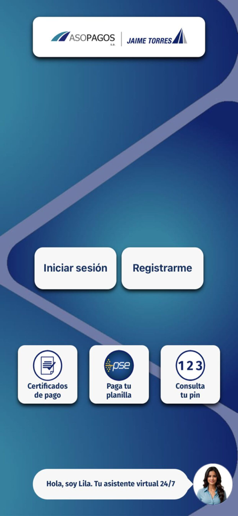 Pantalla de inicio de la aplicación móvil Asopagos SA con opciones para iniciar sesión, registrarse y acceder a servicios de pago de seguridad social