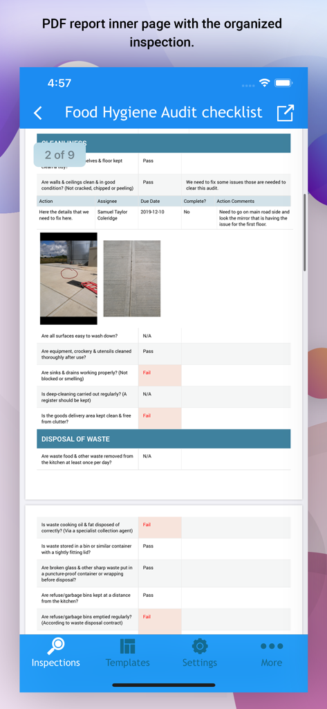 Detailed food hygiene audit checklist report with pass fail ratings and photos
