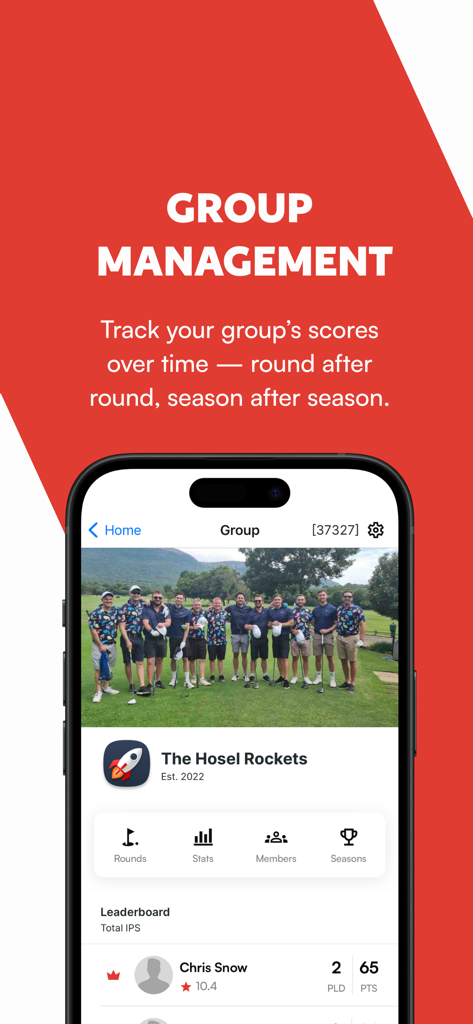 Putt - Interface of the Putt app showing golf group management features including a team photo and member leaderboards