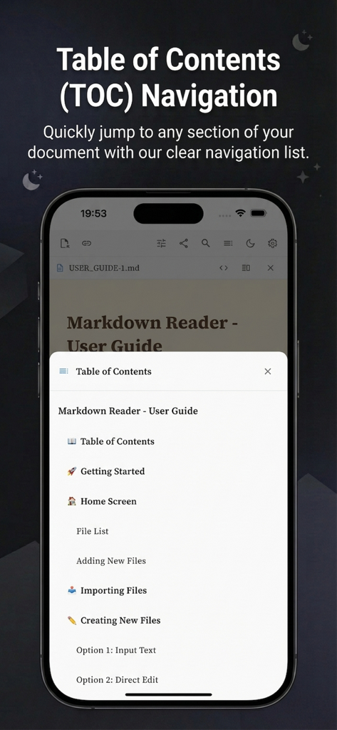 MarkFlow app interface showing the Table of Contents navigation for a Markdown document