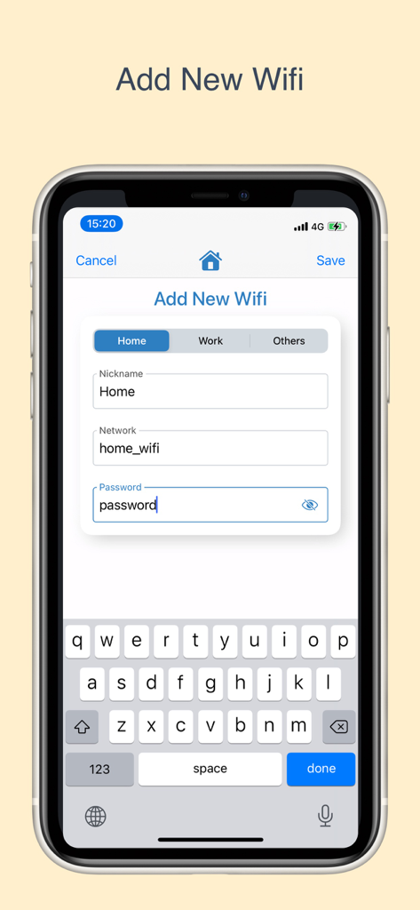 Wifi Share: internet & hotspot - Interfaz de usuario para agregar una nueva red Wi-Fi que incluye campos para apodo, nombre de red y contraseña