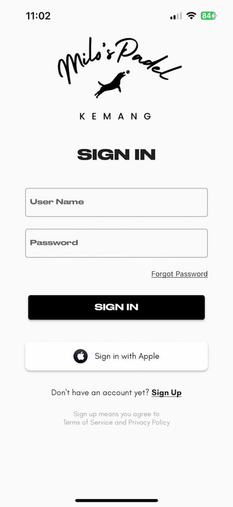 Milos Padel - Milos Padel app sign in screen with username and password fields and Apple login option