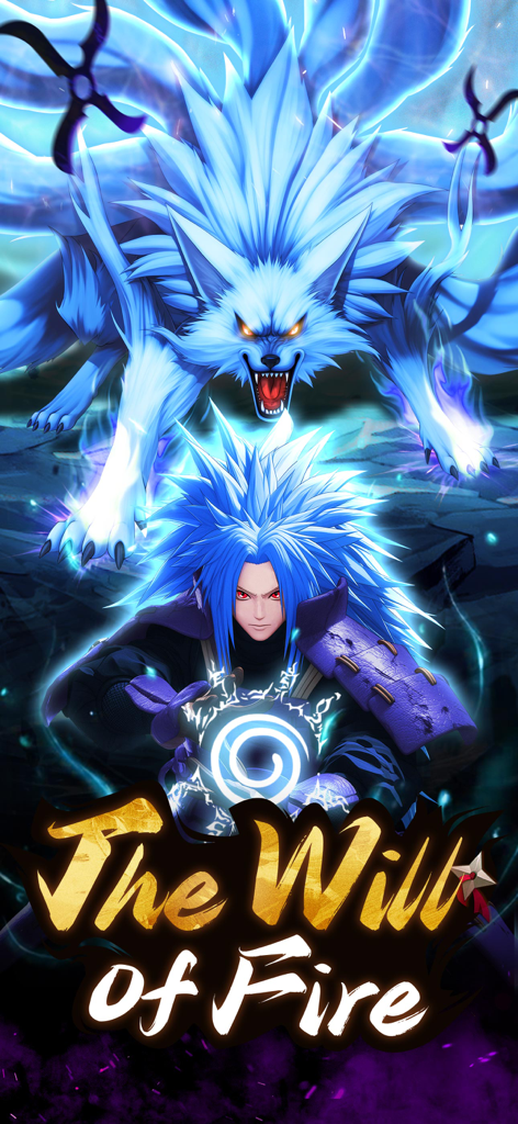 Shinobi Saga: Bloodbound - A blue-haired ninja with a giant blue fox spirit and the text The Will of Fire.