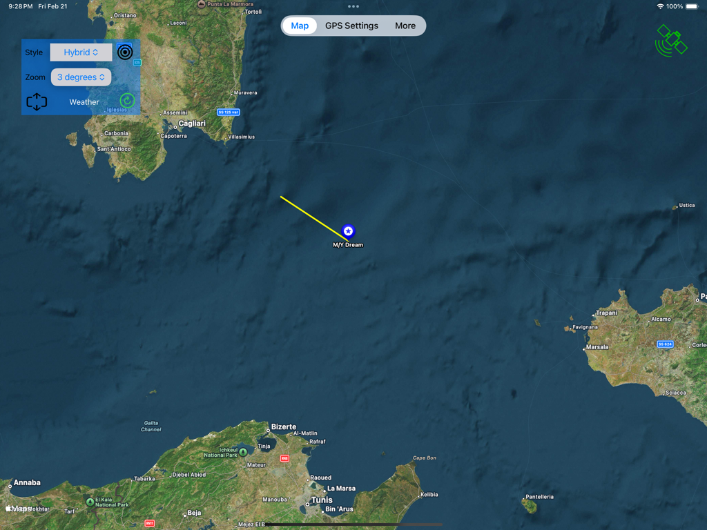 Ship Location - Suivi de navire en temps réel sur une carte satellite hybride montrant l'emplacement d'un yacht nommé MY Dream