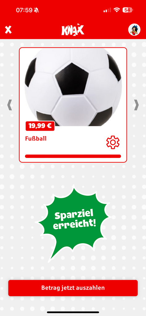 KNAX app interface showing a soccer ball and a green badge indicating a savings goal has been reached.