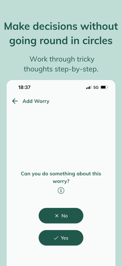 WorryTree: Anxiety Relief - WorryTree app interface for step by step decision making to manage anxious thoughts