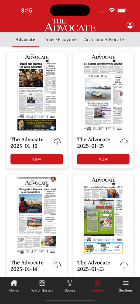 The Advocate - The e-edition interface of The Advocate app displaying digital newspaper front pages.