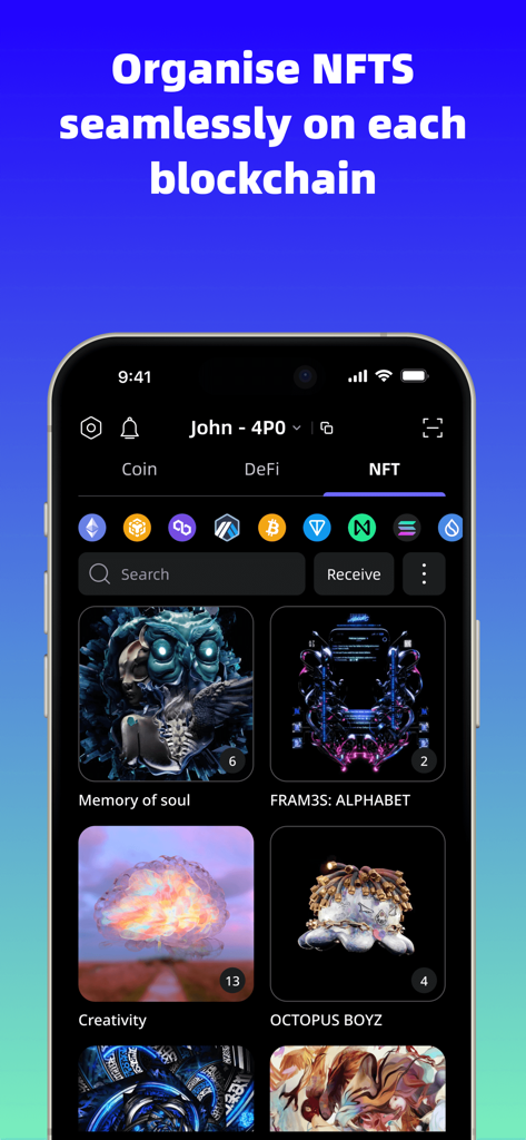 SafePal Mobile-App-Oberfläche, die eine Galerie von NFT-Sammlungen anzeigt, organisiert nach Blockchain.
