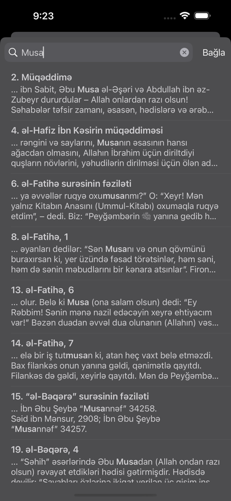 Quran Təfsiri - İbn Kəsir - 꾸란 타프시르 이븐 카티르 모바일 앱에서 Musa라는 단어에 대한 검색 결과