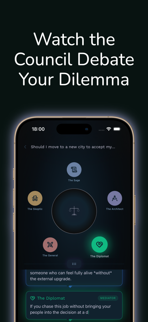 Moot app interface showing five AI personas debating a user dilemma on an iPhone