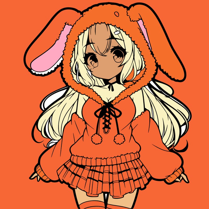 pretty anime girl wearing a fluffy hoodie with bunny ears on the hood and a skirt