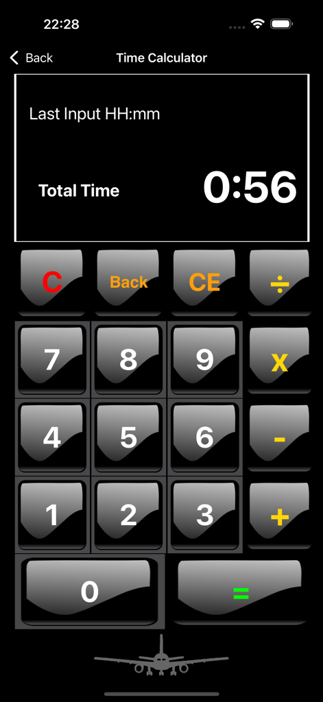 Flight-Time - Interfaccia di un calcolatore di tempo professionale per piloti che mostra ore e minuti nell'app Flight-Time.