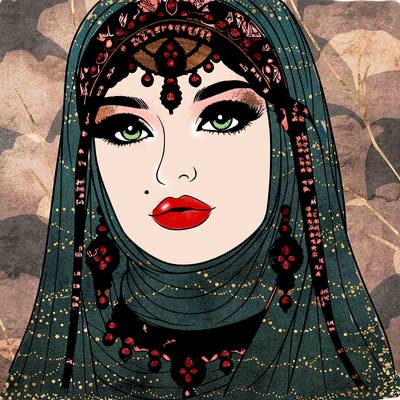 realistic woman with a veil covering her hair and mouth, muslim. the veil contains details with jewels. she has beautiful jewelry.