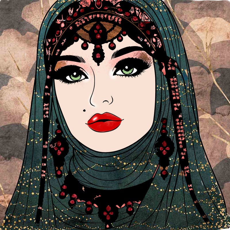 realistic woman with a veil covering her hair and mouth, muslim. the veil contains details with jewels. she has beautiful jewelry.