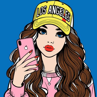 realistic beautiful girl wearing los ángeles cap holding an iphone