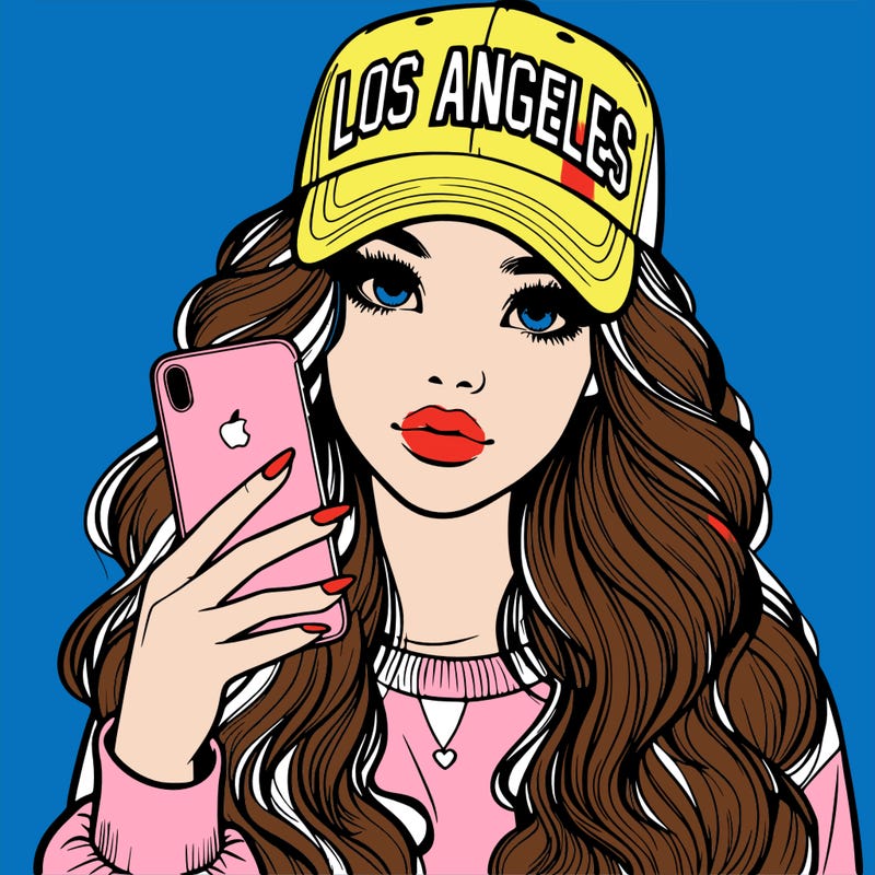 realistic beautiful girl wearing los ángeles cap holding an iphone