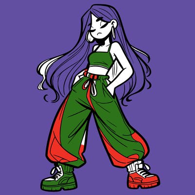 girl in baggy pants crop top and long hair
