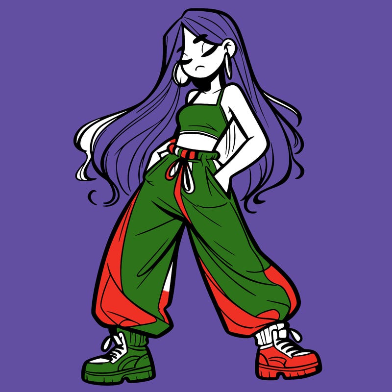 girl in baggy pants crop top and long hair