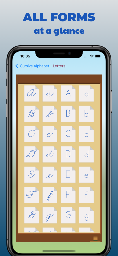 Handwriting Tracing Practice - Una pantalla que muestra una cuadrícula de letras del alfabeto en cuatro formatos diferentes, incluyendo estilos cursivos y mayúsculos.