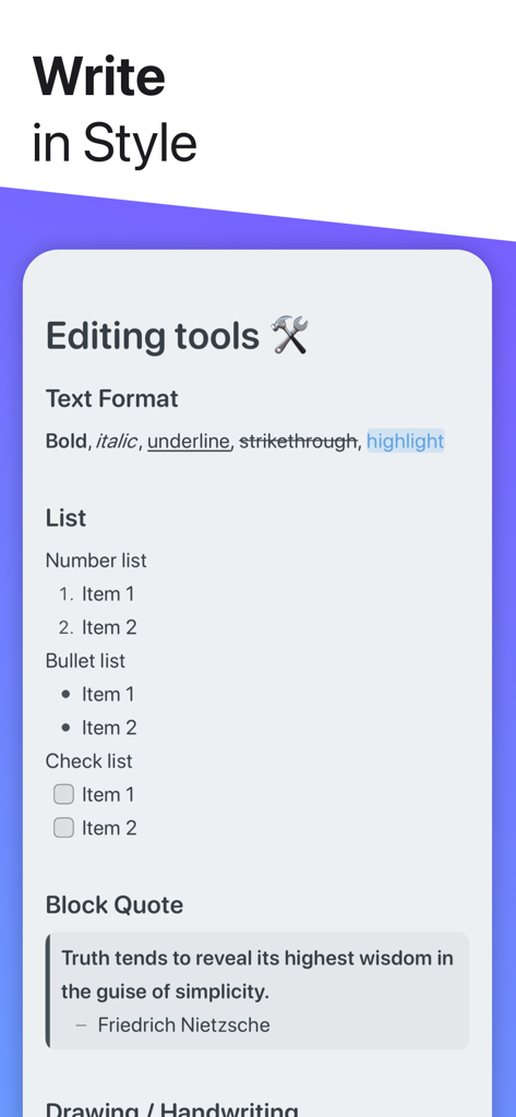 Captura de pantalla de la app Noto mostrando opciones de formato de texto, listas y citas en bloque