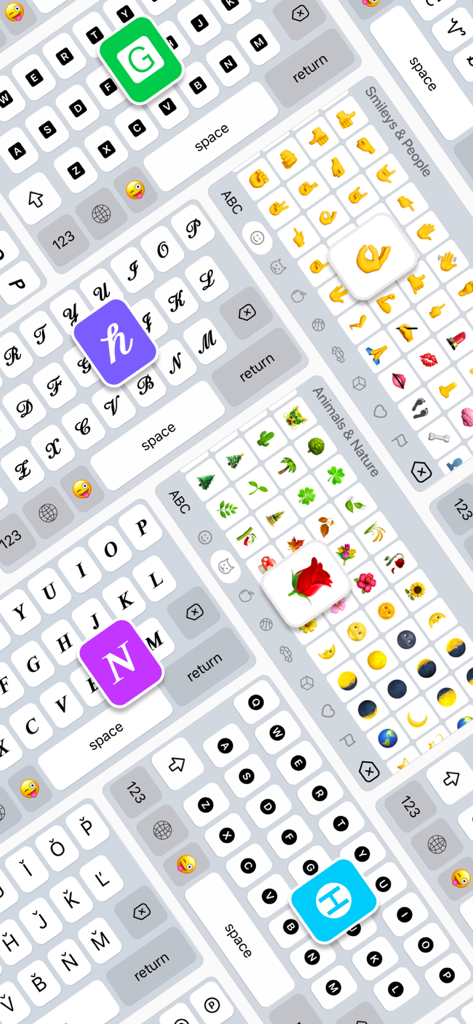 Keyboard Fonts & Emoji Maker - A variety of custom keyboard styles featuring different fonts and emoji sets.