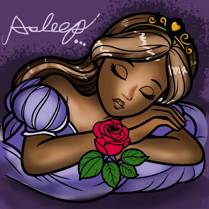 a fairytale princess sleeping with her hands crossed on her chest and a rose on her chest realistic