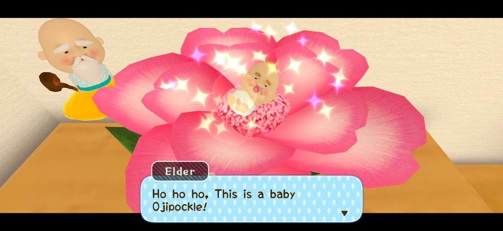 Raising Ojipockle - An Elder character next to a sparkling baby Ojipockle fairy resting inside a large pink flower.