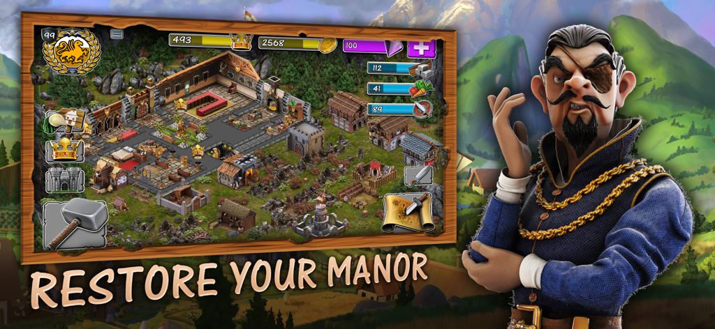 Stronghold Castles - Stronghold Castles gameplay showing manor restoration and a villainous character with an eyepatch